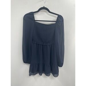 Quince Mini Dress Women XS Navy Chiffon Sheer Smocked Ruffled Hem Minimalist NWT